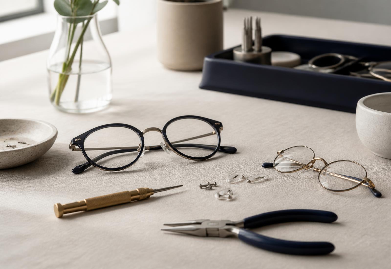 Optician's finishing bench with pliers, screwdriver and frames